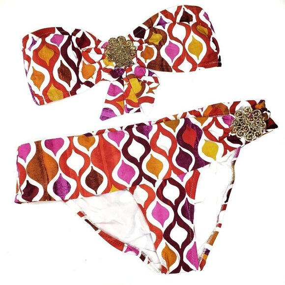 Trina Turk Ogee Pink Orange Bikini Set 8/10 Medallion Bandeau Fold Over - Picture 4 of 11